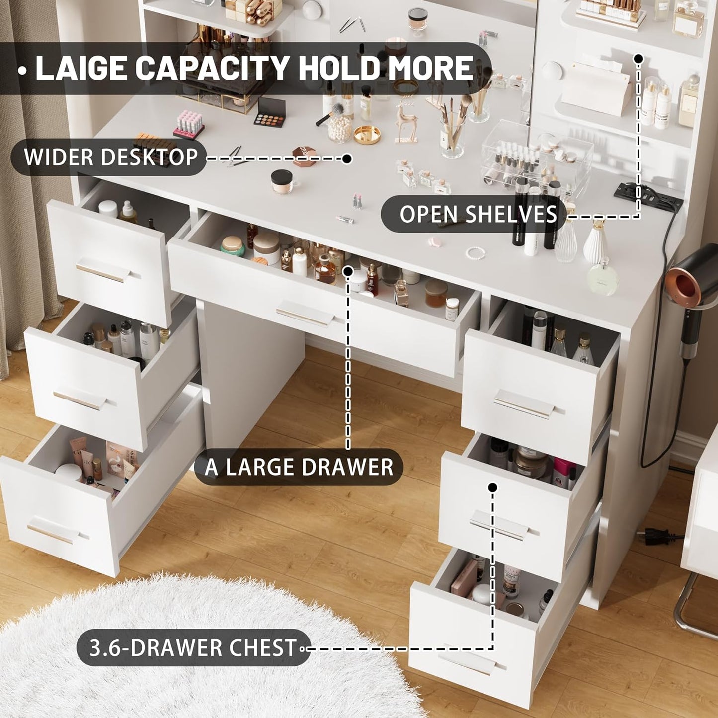 Vanity Desk with Mirror LED Lights and Power Outlet Makeup with 7 Drawers